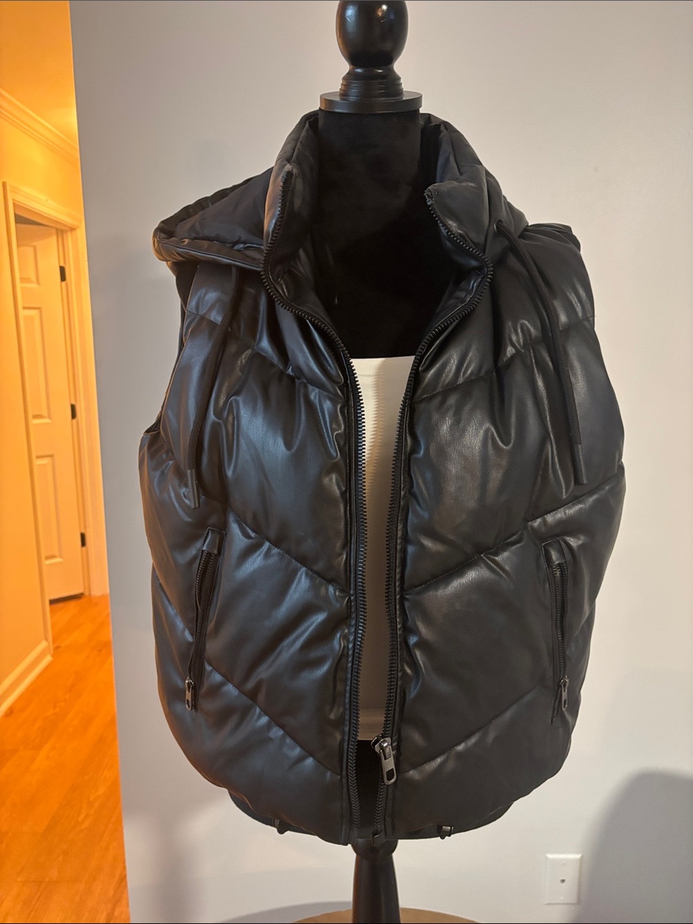 Zara Black Quilted Leather-Look Hooded Puffer Vest